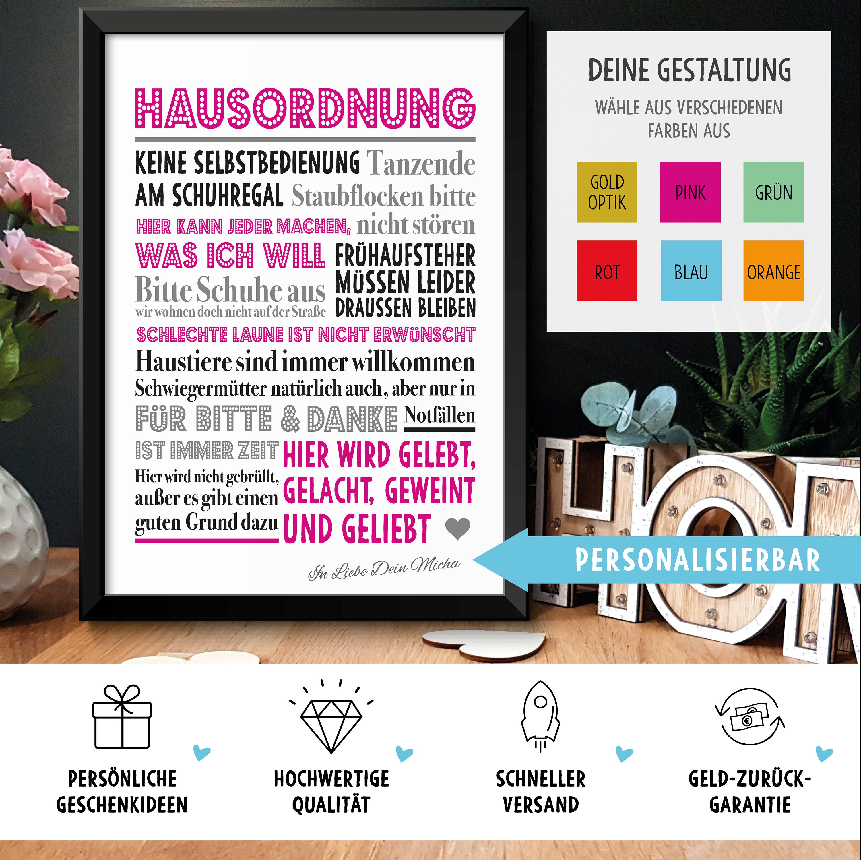 Lustige Hausordnung Bild optional mit Rahmen Geschenkidee Geschenk
