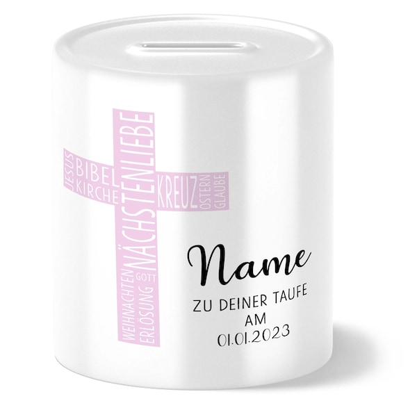 Spardose personalisiert Taufe Kreuz mit Wörtern rosa zur Taufe für Mädchen und  Jungen Jungs als Taufgeschenk Geschenk Geschenkidee