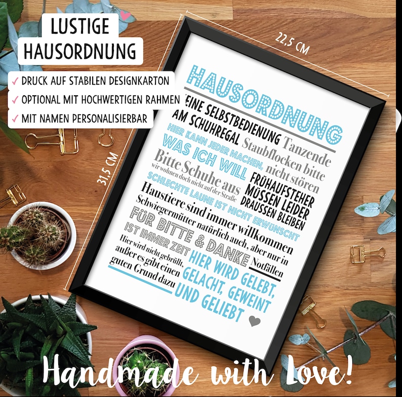 Lustige Hausordnung Bild optional mit Rahmen Geschenkidee Geschenk