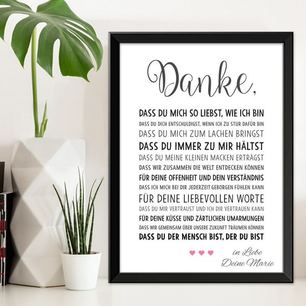 DANKE Liebe - Bild optional mit Rahmen - Liebeserklärung Geschenkidee Geburtstag Valentinstag Hochzeitstag Jahrestag Weihnachten Mann Frau