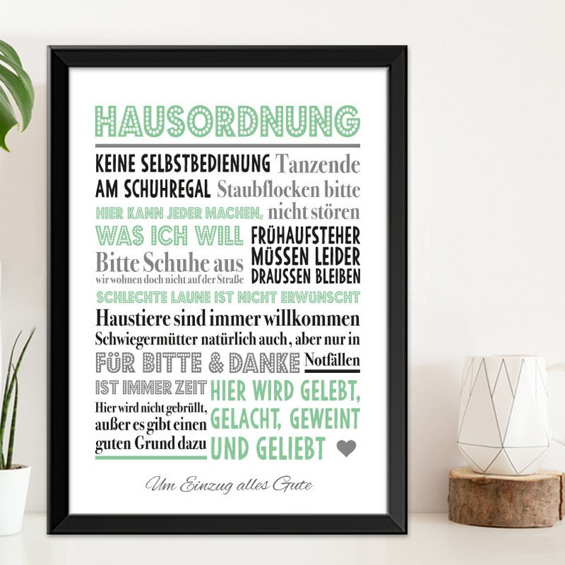 Lustige Hausordnung Bild optional mit Rahmen Geschenkidee Geschenk