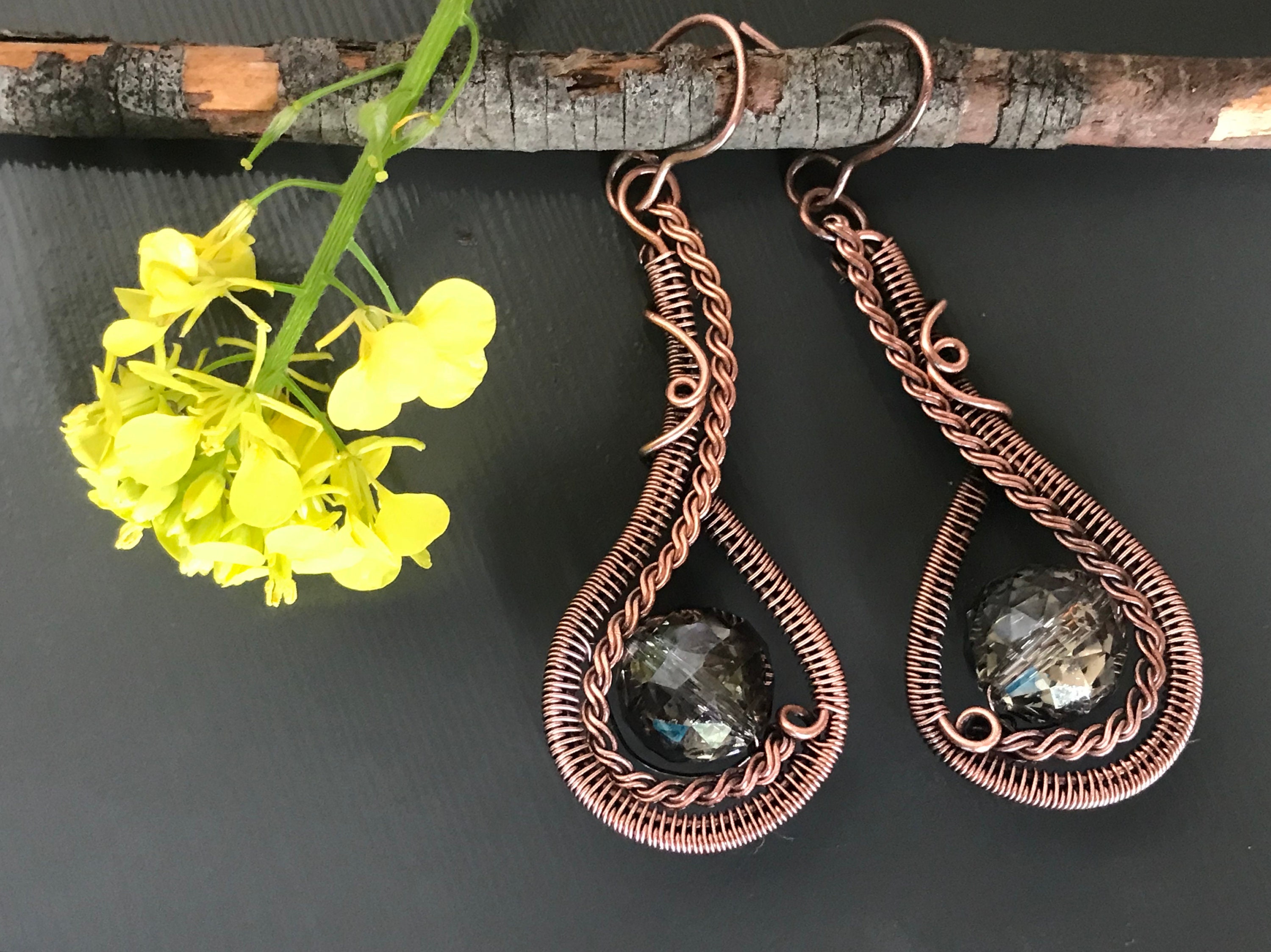 Wire wrapped antiqued copper beaded earrings wire woven Etsy