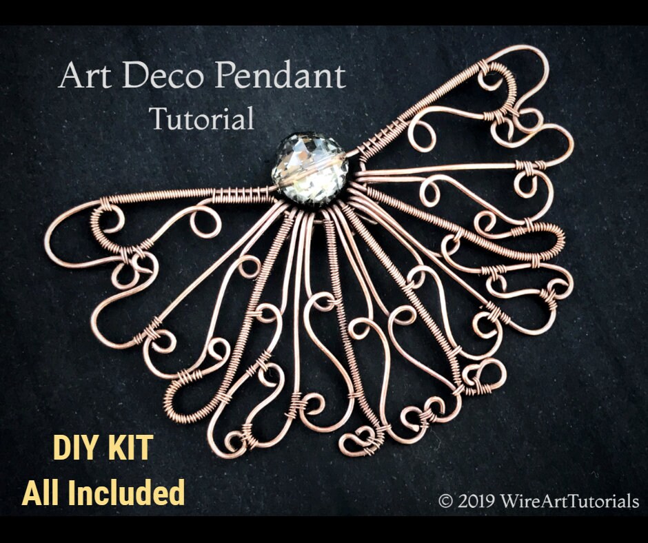 FULL KIT Art Deco pendant,wire wrap, weaving tutorial, diy jewelry