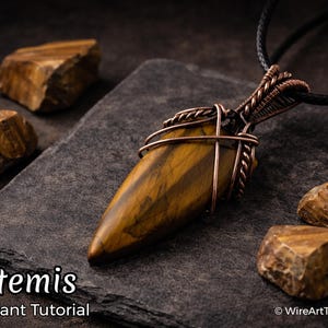 アルテミスペンダント、ワイヤーラップチュートリアル、カボションセッティングパターン、DIYジュエリー製作、織り、ステップバイステップのアートジュエリー