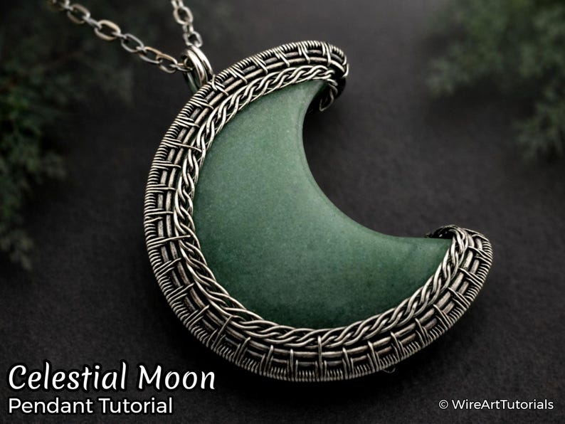 WireArtTutorials Tutoriel d'emballage métallique avec pendentif lune, modèle d'emballage métallique, bijoux bricolage, fabrication de bijoux cabochons, tutoriels artistiques sur le tissage de fils métalliques image 1