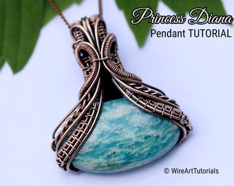 WireArtTutorials Princess Diana cabochon pendant tutorial, wire wrap pattern, DIY jewelry making, weaving, wrapping, art , craft, copper