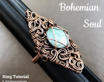 Wire wrap tutorial,wire wrapping pattern WireArtTutorials Bohemian Soul Ring,DIY jewelry,jewelry making,wire weaving,wire art tutorials
