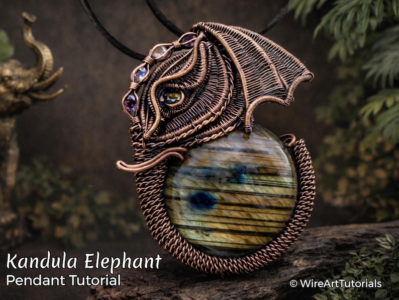 Tutoriel sur emballage métallique, modèle d'emballage métallique WireArtTutorials Pendentif éléphant Kandula, bijoux à faire soi-même, fabrication de bijoux, tissage de fils métalliques, tutoriels d'art sur fil métallique image 1