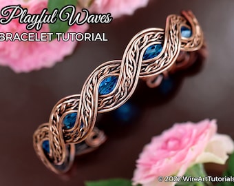 WireArtTutorials Playful Waves bracelet wire wrap tutorial, cabochon patter, DIY jewelry making, wrapping, weaving, copper art tutorial