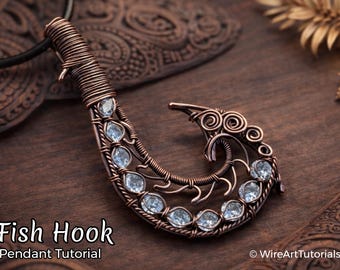 WireArtTutorials Fish Hook pendant, wire wrap tutorial, cabochon setting pattern, DIY jewelry making, weaving, braiding, step by step art
