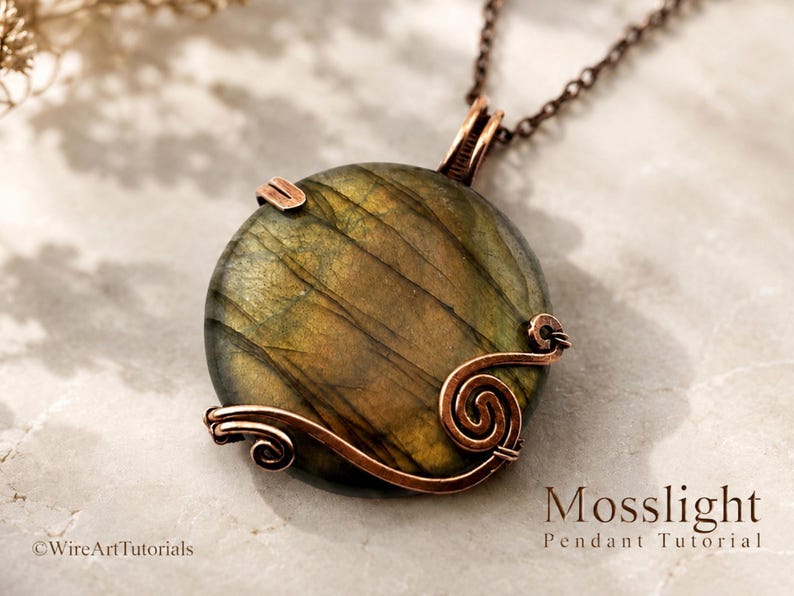 May include: A round labradorite pendant featuring a dark green and gold iridescent stone wrapped in copper wire with decorative swirls. The pendant hangs from a copper chain and includes the text Mosslight Pendant Tutorial.