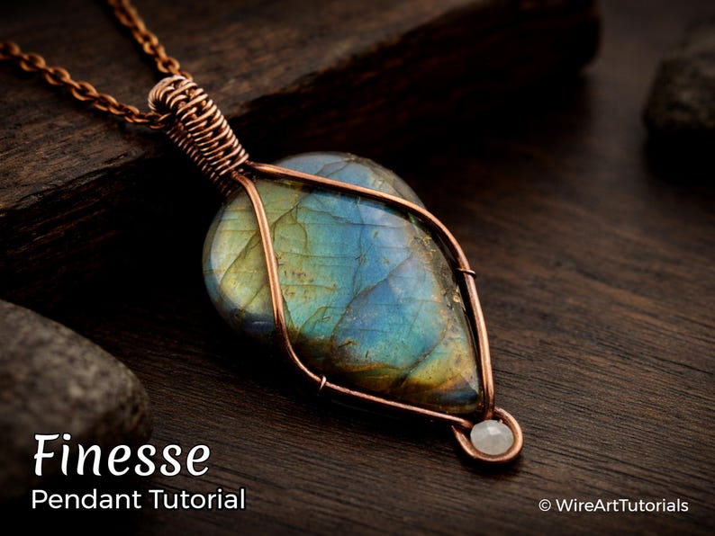 WireArtTutorials Finesseペンダント、ワイヤーラップチュートリアル、カボションセッティングパターン、DIYジュエリー製作、織り、編み込み、ステップバイステップのアート 画像 1