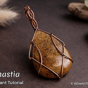 May include: A handcrafted pendant with a teardrop-shaped stone, featuring a detailed floral pattern. The stone is encased in copper wire, with the word "Dynastia" and "Pendant Tutorial" visible in the image.