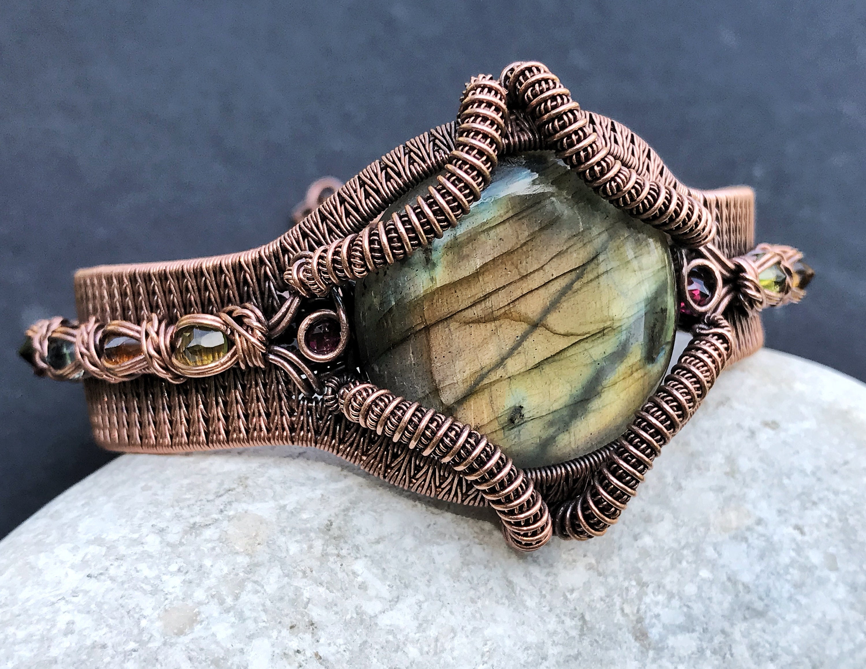 Wire wrapped and woven antiqued copper bracelet,labradorite ,channel setting calibrated