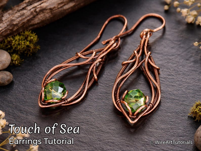 TUTORIAL Touch of Sea Earrings wire wrapped jewelry making PDF pattern, copper DIY jewellery, wire art tutorials design, how to, instruction image 1