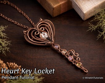 ワイヤーラップチュートリアル ハートキーロケットペンダント、ネックレスクリスタルDIYジュエリー製作、織り、ワイヤーアートチュートリアル、ワイヤーアートチュートリアル、ワイヤーラッピング