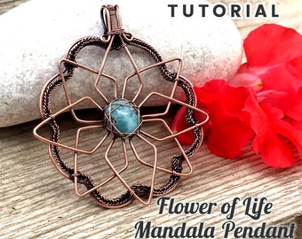 E TUTORIAL "Flower of Life Mandala" pendant PDF pattern,wire wrap weave jewelry,cabochon,wrapping weaving,wrapped woven,unisex design