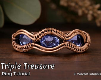 TUTORIAL Triple Treasure Ring, jewelry making lesson, step by step patters, crystal wire wrapping art, wire weaving, channel setting