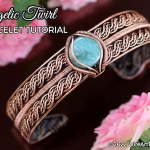 WireArtTutorials Angelic Twirl bracelet wire wrap tutorial, cabochon patter, DIY jewelry making, wrapping, weaving, copper art tutorial