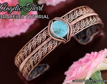 WireArtTutorials Angelic Twirl bracelet wire wrap tutorial, cabochon patter, DIY jewelry making, wrapping, weaving, copper art tutorial