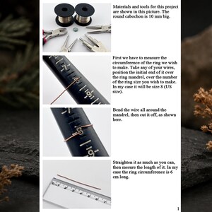 May include: A four-part instructional guide for crafting a ring, featuring two spools of wire, a 10 mm cabochon, pliers, a black ring mandrel showing US size 8, and a clear ruler measuring a 6 cm length of wire with accompanying text.