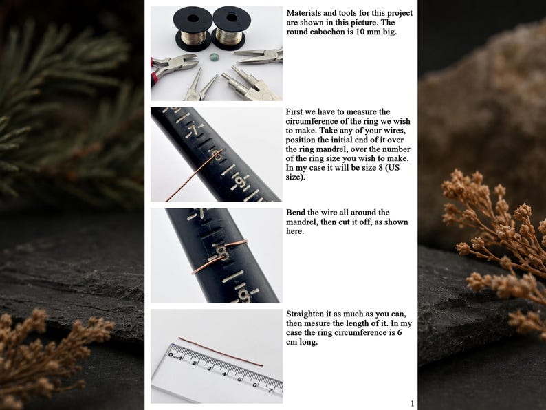 May include: A four-part instructional guide for crafting a ring, featuring two spools of wire, a 10 mm cabochon, pliers, a black ring mandrel showing US size 8, and a clear ruler measuring a 6 cm length of wire with accompanying text.