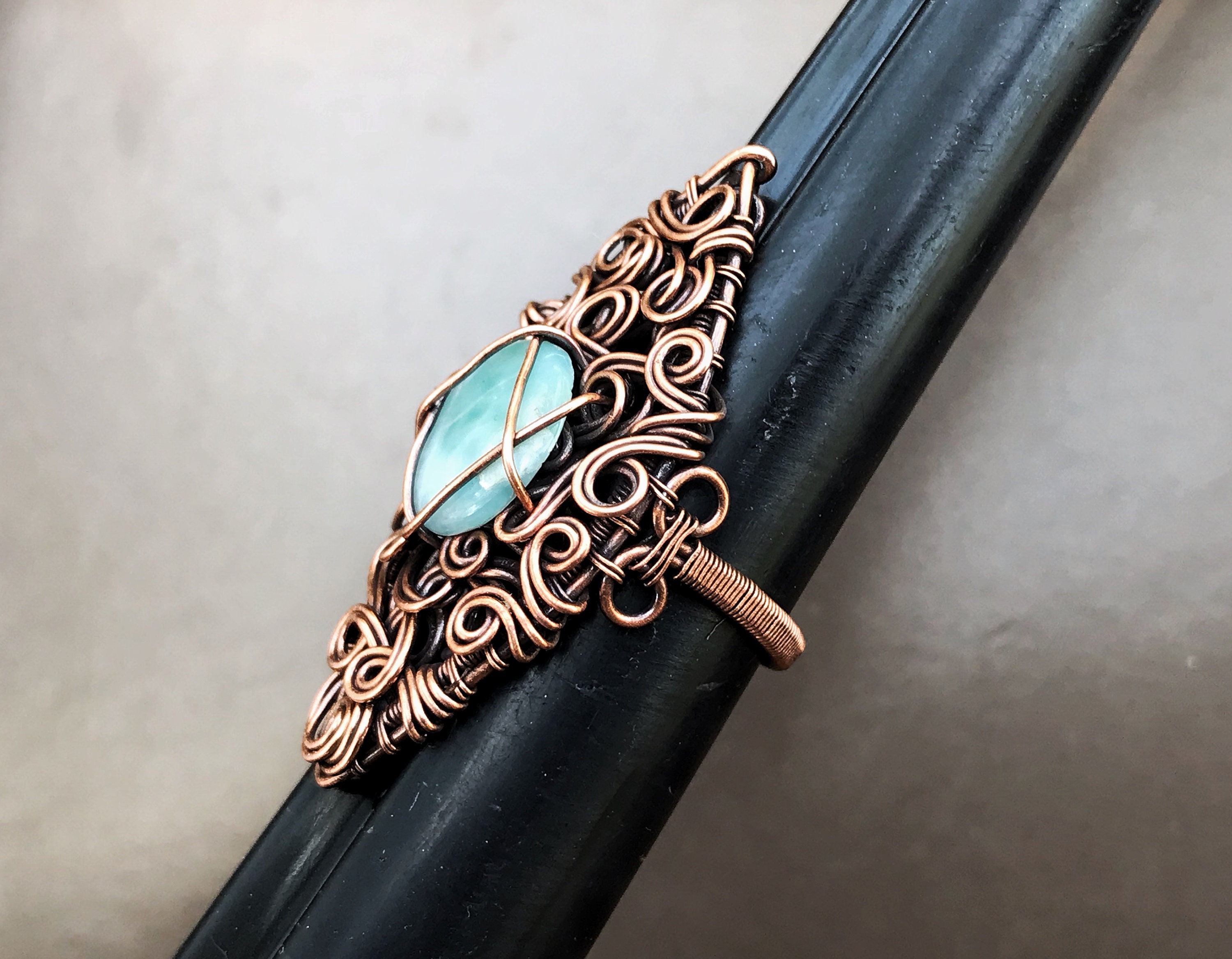 Boho / bohemian wire wrapped,woven, antiqued copper, unisex Larimar