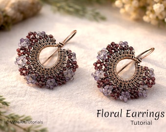 WireArtTutorials Floral Earrings wire wrap tutorial, weaving pattern, DIY jewelry making, bead setting, wire art tutorials, beading