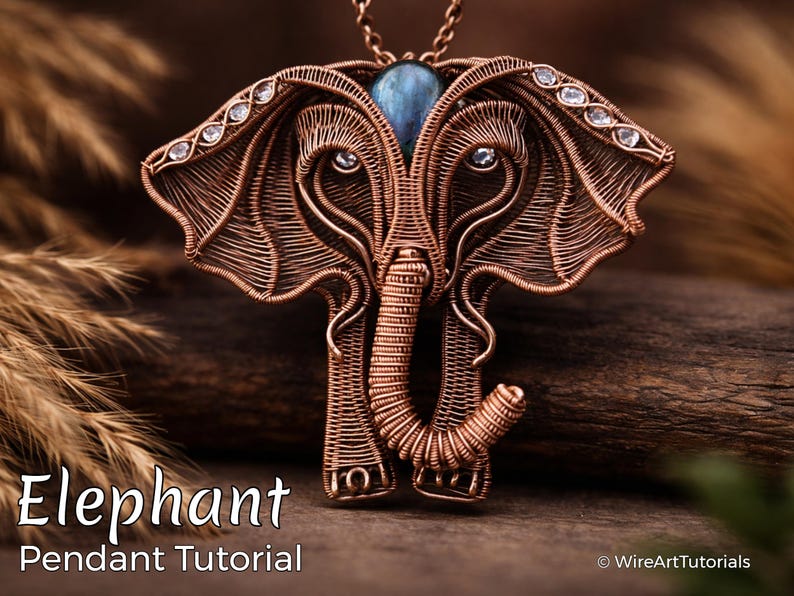 WireArtTutorials Elephant Pendant Tutorial, animal jewelry making, DIY pattern, lesson, cabochon channel setting, wire wrapping weaving image 1