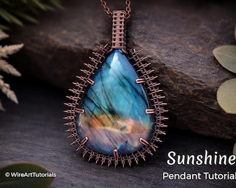 WireArtTutorials Sunshine cabochon pendant tutorial, wire wrap pattern, DIY jewellery making, weaving, wrapping, wire art tutorials, craft