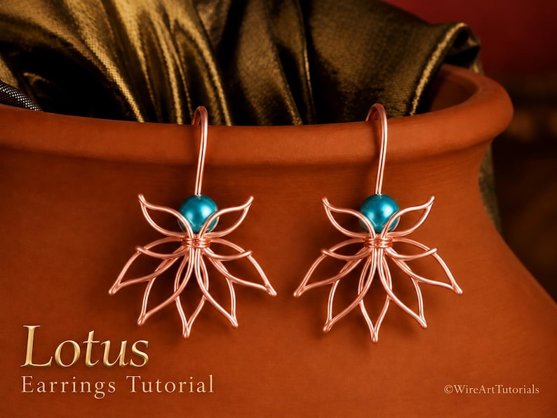 May include: A pair of copper wire earrings shaped like lotus flowers, each featuring a single round turquoise bead at the center. The text "Lotus Earrings Tutorial" and "WireArtTutorials" is printed in white on the lower portion of the image.