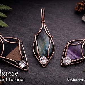 May include: Three handcrafted wire-wrapped pendants with gemstones and crystals. The pendants feature copper wire and various stones, including a black and brown stone, a blue-green stone, and a purple stone. Each pendant has a clear crystal accent. The text "Radiance Pendant Tutorial" is visible.