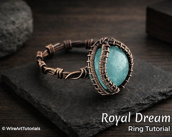 Anillo Sueño Real, tutorial de alambrismo, patrón de engaste de cabujón, creación de joyas DIY, tejido, joyería artística paso a paso