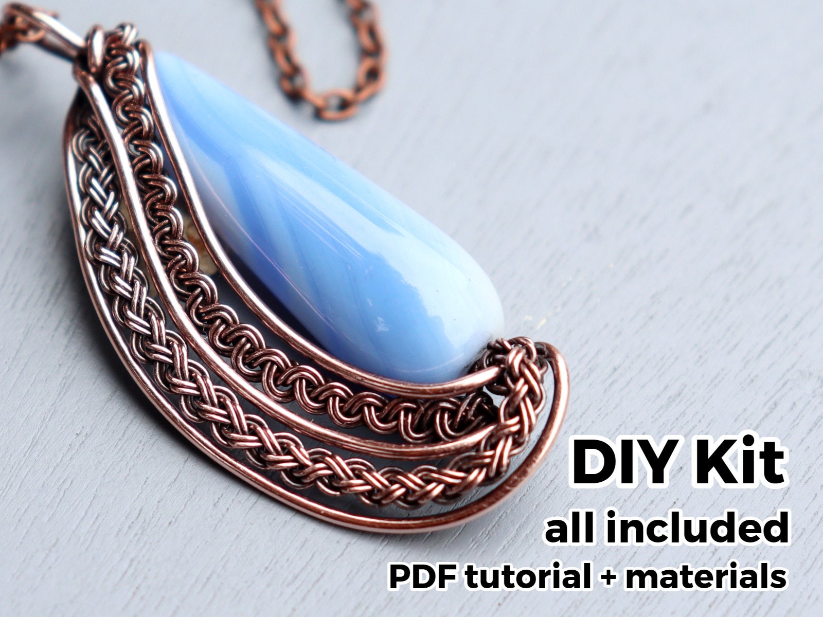 FULL KIT Art Deco braided pendant, wire wrapping, weaving tutorial, diy
