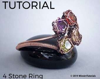 E TUTORIAL "4 Stone" ring PDF pattern,wire wrap weave jewelry,copper,wrapping weaving,wrapped woven, calibrated stone design, jewelry making