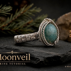 May include: A silver wire-wrapped ring featuring a round, teal-colored stone set in a twisted metal frame. The band has a woven metal pattern. The text "Moonveil RING TUTORIAL" is printed in gold lettering at the bottom left of the image.