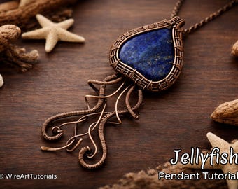 Tutorial voor draadwikkeling Kwallenhanger, draadwikkelpatroon van WireArtTutorials, DIY-sieraden maken van kristallen, stap voor stap patroon