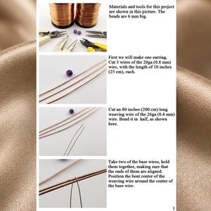 K&ouml;nnte beinhalten: Eine Schmuckanleitung mit Kupferdrahtspulen, Zangen und 6 mm gro&szlig;en violetten Perlen. Der Text beschreibt das Zuschneiden von drei 25 cm langen 20ga-Dr&auml;hten und einem 200 cm langen 26ga-Webdraht, der dann um die Basisdr&auml;hte gewickelt wird.