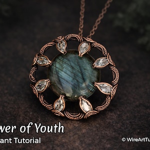 WireArtTutorials Tutoriel de pendentif en cristal Fleur de jouvence, modèle d'emballage métallique, fabrication de bijoux DIY, tissage, emballage, tutoriels d'art en fil de fer