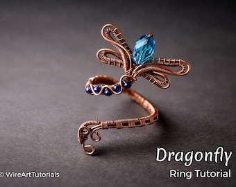 Wire wrap tutorial, wire wrapping tutorial, pattern by WireArtTutorials: Dragonfly Ring, DIY jewelry jewelry making, wire weaving tutorial