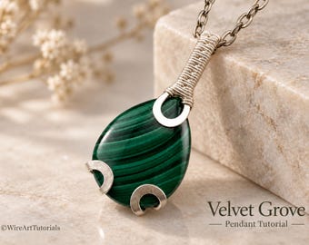 Velvet Grove pendant, wire wrap tutorial, cabochon setting pattern, DIY jewelry making, weaving, step by step art jewellery
