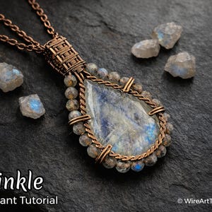 May include: A copper pendant with a large, teardrop-shaped, iridescent gemstone. The pendant is surrounded by small, round beads and wire detailing. The word "Twinkle" is at the bottom of the image.