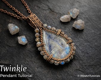 May include: A handmade copper pendant with a large, teardrop-shaped, iridescent gemstone. The pendant is surrounded by small, round beads and wire detailing. The word "Twinkle" is at the bottom of the image.