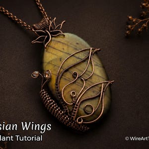 May include: A copper wire pendant with a butterfly design, featuring a green and yellow stone. The pendant hangs from a copper chain. The text "Elysian Wings Pendant Tutorial" is visible.