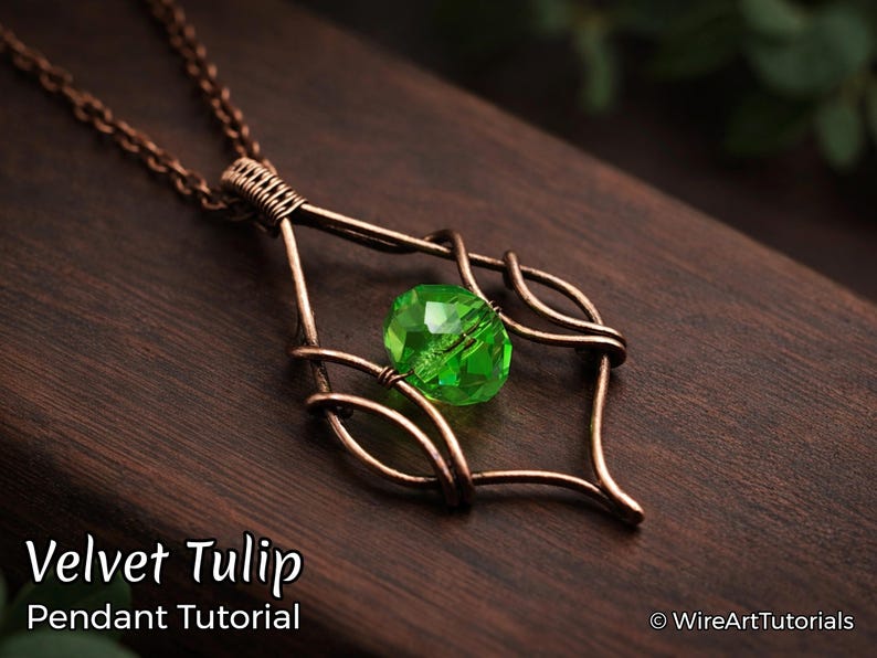 Tutorial WireArtTutorials per realizzare un ciondolo a tulipano in velluto con filo metallico, schema di tessitura, creazione di gioielli fai da te, tutorial di wire art, design di collana di perline immagine 1