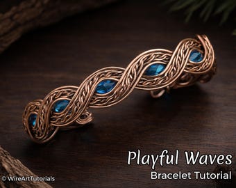 WireArtTutorials Playful Waves armband draadwikkel tutorial, cabochon patroon, DIY sieraden maken, inpakken, weven, tutorial koperkunst