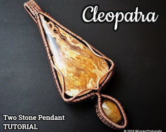 E TUTORIAL "Cleopatra" two stone pendant PDF pattern,wire wrap weave jewelry,copper,cabochon,wrapping weaving,wrapped woven, pendant design