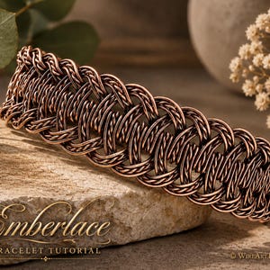 May include: A copper-colored bracelet with a woven design, resting on a stone surface. The bracelet features an intricate pattern of interwoven metal strands. The text "Emberlace BRACELET TUTORIAL" is visible in the image.