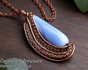 TUTORIAL Art Deco Captured Treasure pendant PDF pattern,wire wrap weave jewelry,bead setting,DIY jewelry making,copper necklace, diy class