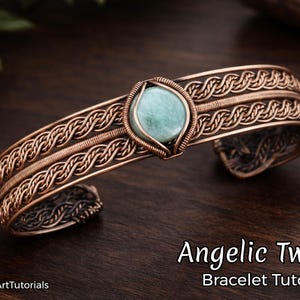 WireArtTutorials Angelic Twirl bracelet wire wrap tutorial, cabochon patter, DIY jewelry making, wrapping, weaving, copper art tutorial